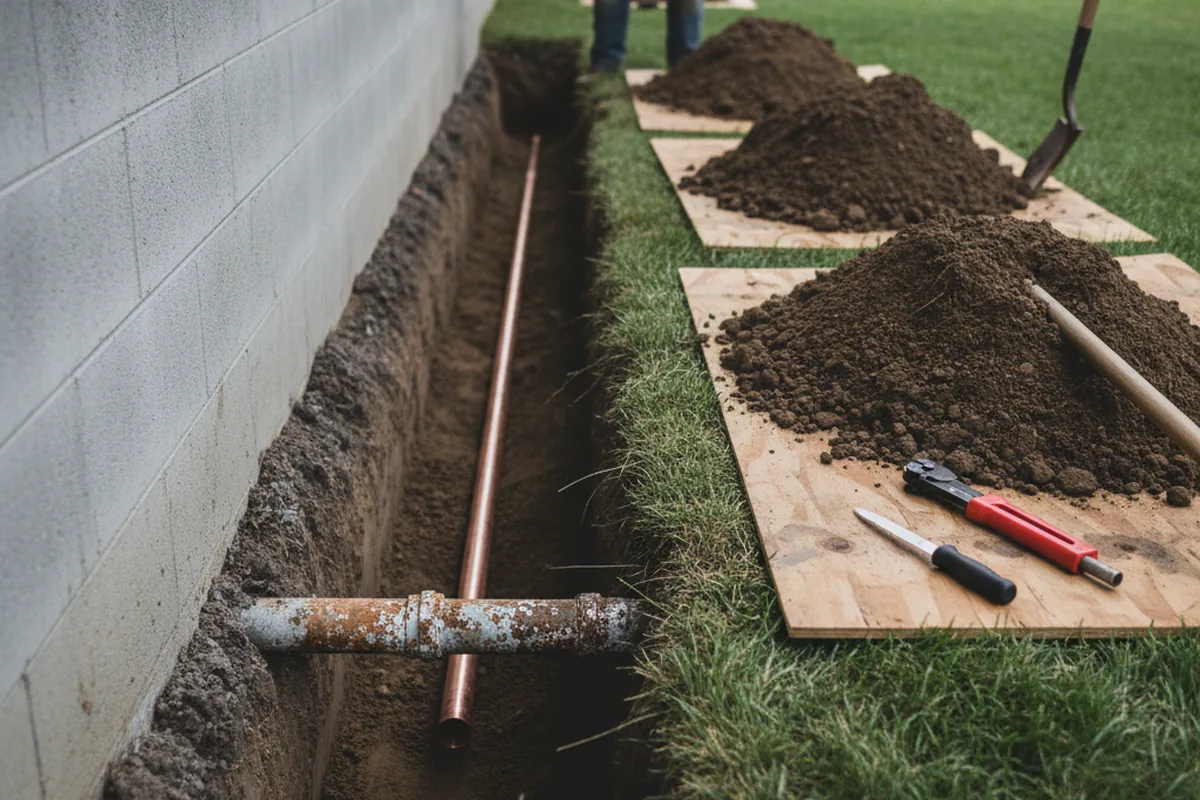 Excavated water line trench during Water Softener Installation in Central Bridge